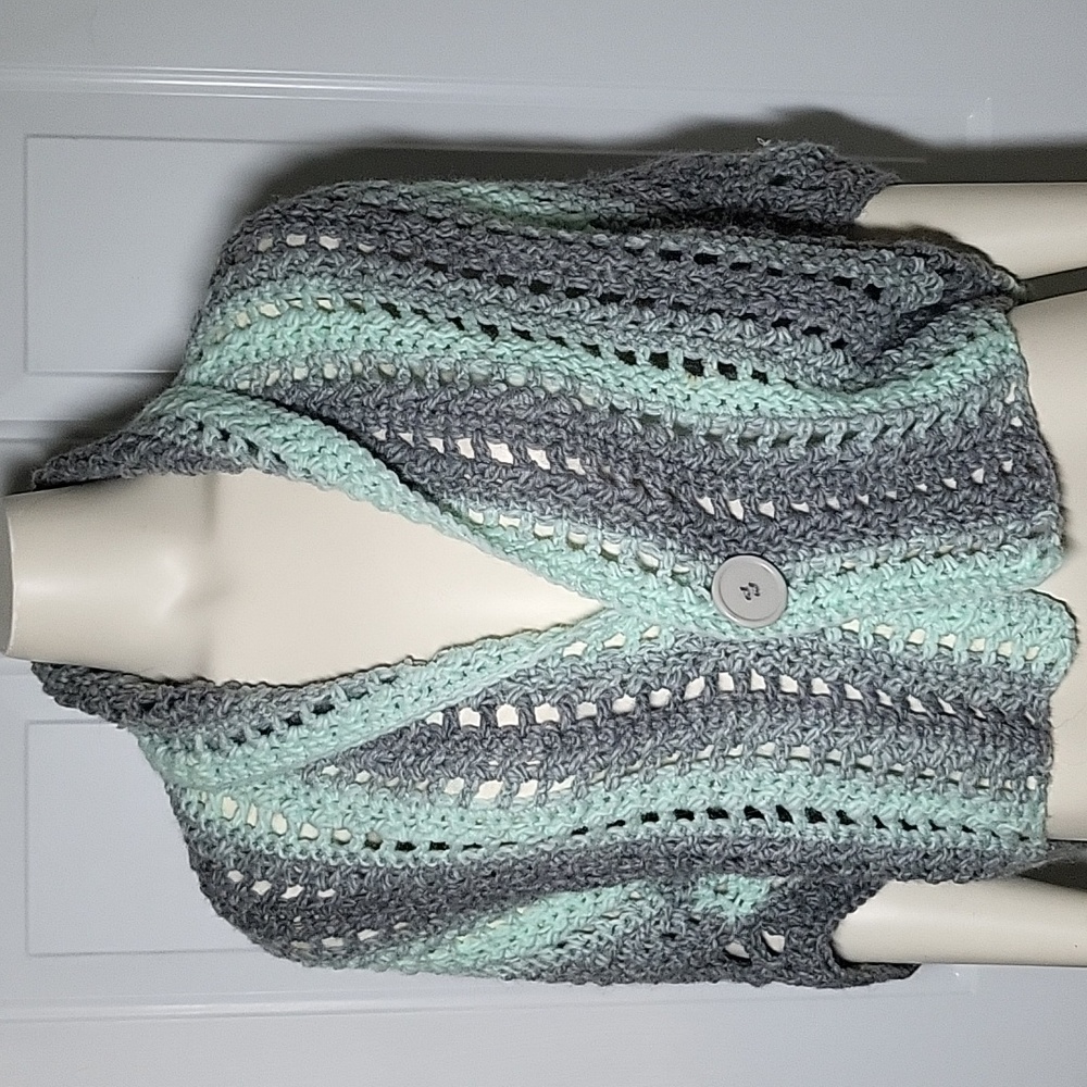 Turquoise and grey crochet shrug with button closure